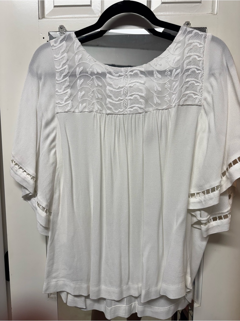 LOFT White Embroidered Flutter-Sleeve Blouse